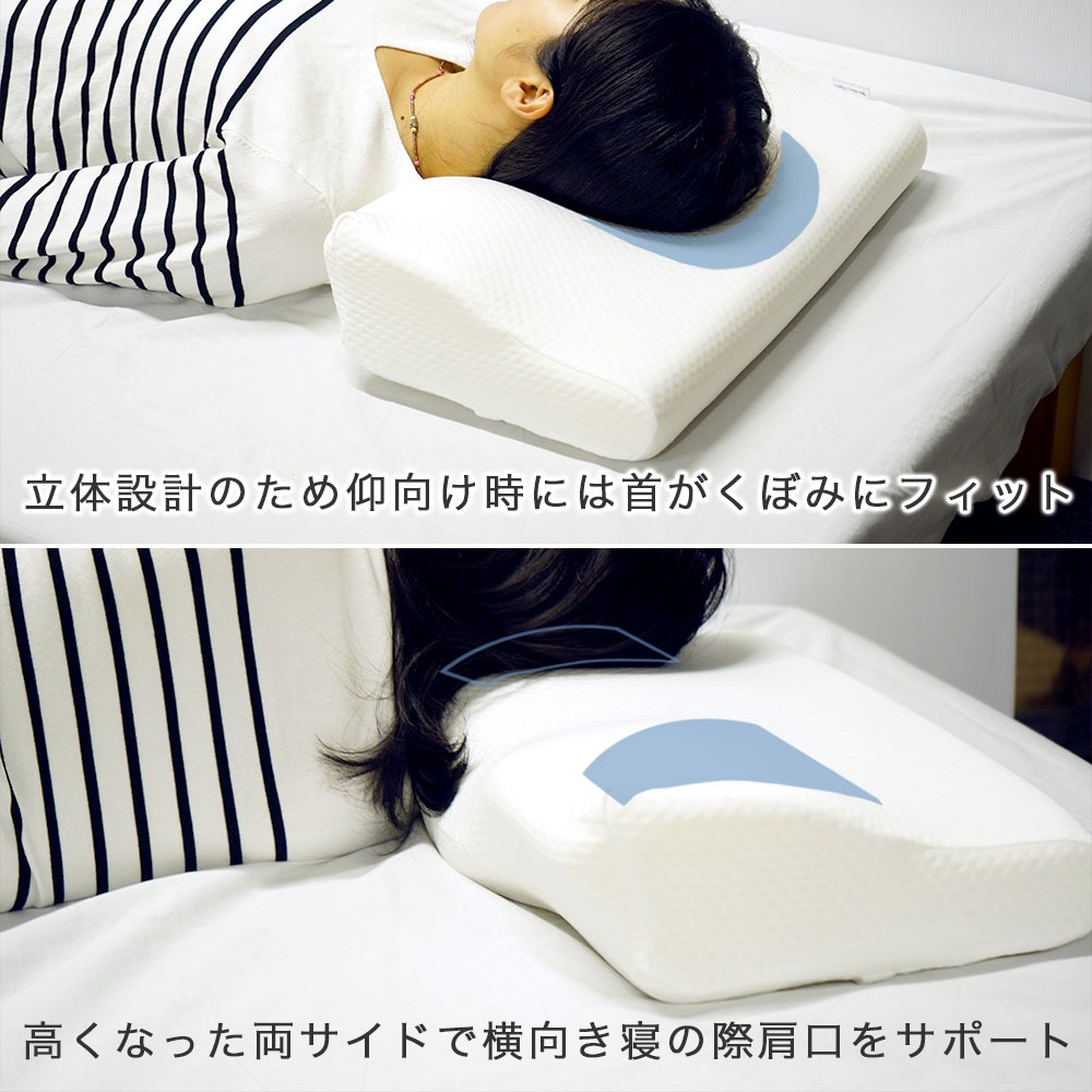 低反発まくら 仰向け時に首がくぼみがフィット 両サイドが横向き寝の肩口をサポート