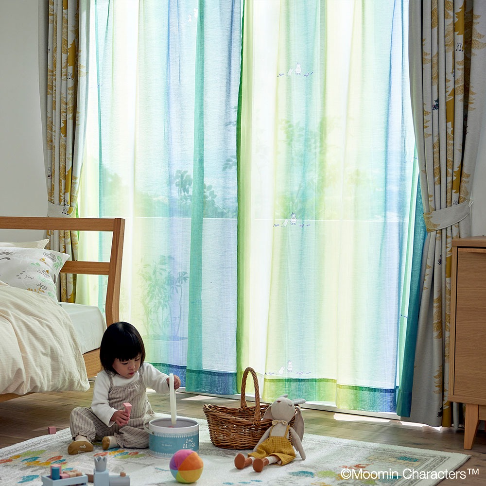 ムーミン シアー カーテン オーロラボイル ブルーグリーン